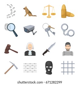 Camcorder, handcuffs, lattice attributes of the prison.Prison set collection icons in cartoon style vector symbol stock illustration web.