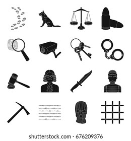 Camcorder, handcuffs, lattice attributes of the prison.Prison set collection icons in black style vector symbol stock illustration web.