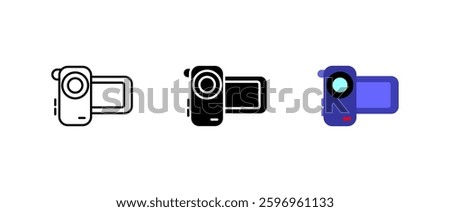 Camcorder icon. Digital video recording device sign. Portable camera, lens, and display symbol. Technology, media, and filming illustration.