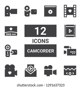 camcorder icon set. Collection of 12 filled camcorder icons included Video, Camcorder