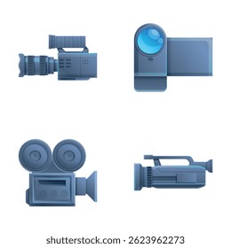 Camcorder icons set cartoon vector. Retro and modern digital video camera. Video recording equipment