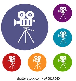 Camcorder icons set in flat circle reb, blue and green color for web
