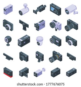 Camcorder icons set. Isometric set of camcorder vector icons for web design isolated on white background