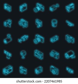 Camcorder icons set. Isometric set of camcorder vector icons neon color on black