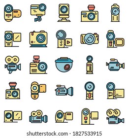 Camcorder icons set. Outline set of camcorder vector icons thin line color flat on white