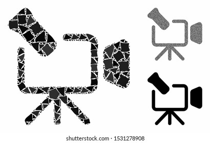 Camcorder mosaic of bumpy pieces in various sizes and color hues, based on camcorder icon. Vector bumpy items are combined into mosaic. Camcorder icons collage with dotted pattern.