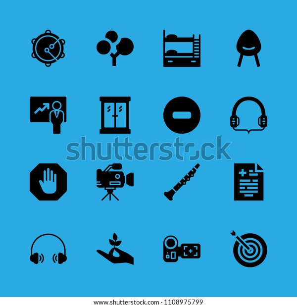 camcorder, plant, video camera, bunk, headphones,\
chair, tambourine, medical result and window vector icon. Simple\
icons set
