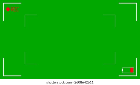 Camcorder screen interface with low battery signal. Pixel art camera viewfinder interface retro video game style. Videotape recording with green background, vector.