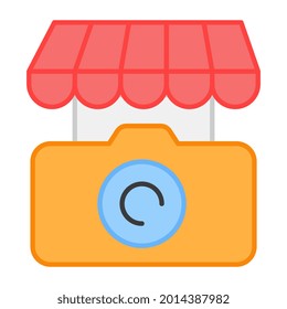 Camcorder with store building, icon of camera shop 