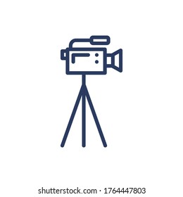 Camcorder thin line icon. Video camera, tripod, filming isolated outline sign. Moviemaking, reportage, cameraman concept. Vector illustration symbol element for web design and apps