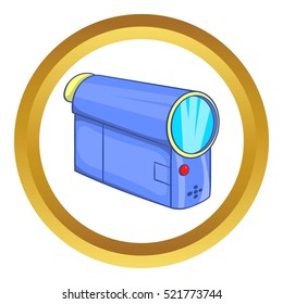 Camcorder vector icon in golden circle, cartoon style isolated on white background
