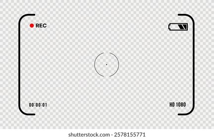 Camcorder. Video recording overlay with camcorder interface, showing REC icon, battery level, focus frame, and timer set to 00:00:00. Perfect for video editing, vlogging, and cinematic effects.