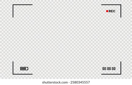 Camcorder. Video recording overlay with camcorder interface, showing REC icon, battery level, focus frame, and timer set to 00:00:00. Perfect for video editing, vlogging, and cinematic effects.