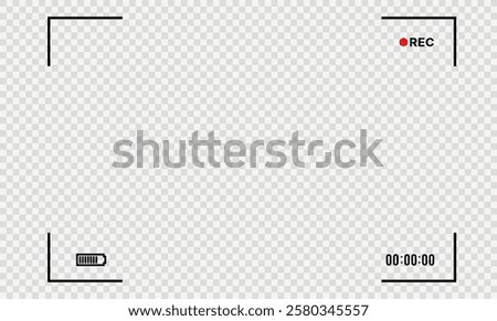 Camcorder. Video recording overlay with camcorder interface, showing REC icon, battery level, focus frame, and timer set to 00:00:00. Perfect for video editing, vlogging, and cinematic effects.