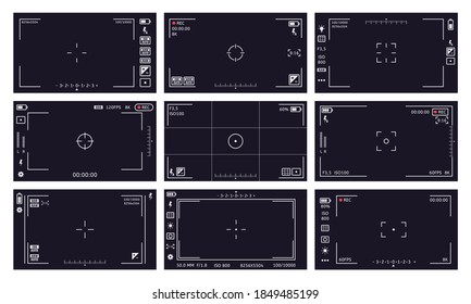 Interfaz del visor del camcorder. Visor de cámara, calidad de vídeo de pantalla digital, tiempo de grabación, batería. Ilustraciones vectoriales de la pantalla del visor Cam. Pantalla de enfoque, estabilización de imagen