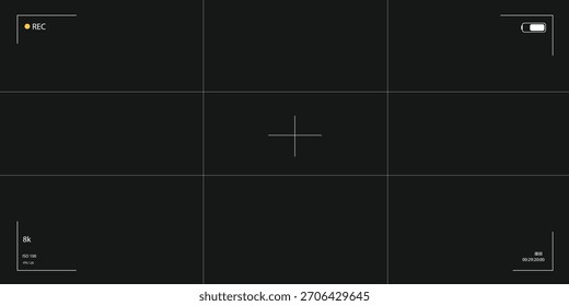 Camcorder viewfinder recorder screen with grid, crosshair, battery indicator, iso and other settings on black backdrop. Perfect for photography or video production.
