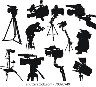 camcorders and cameramen on white background