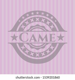 Came badge with pink background. Vector Illustration. Detailed.