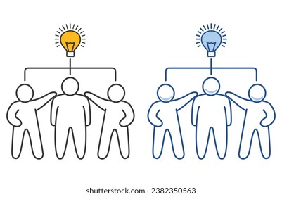 Se le ocurrió la idea de una bombilla. Científicos o genios. Esbozo estilo ilustración vectorial. Trabajo en equipo de Doodle. Comunidad de personas. Icono como cooperación.Reunión de equipo.Trabajo de equipo relacionado.