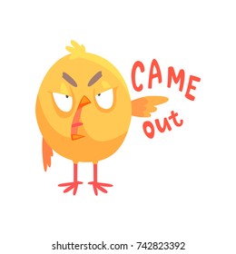 Came out, funny angry cartoon comic chicken showing hand gesture vector Illustration