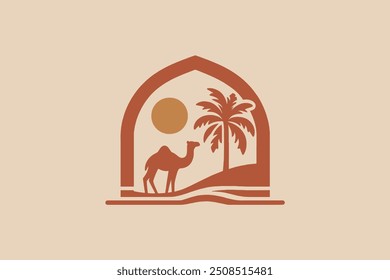 Camello en el desierto africano. Logotipo, emblema, signo. Egipto, Túnez, Marruecos. Ilustración vectorial árabe en colores marrones