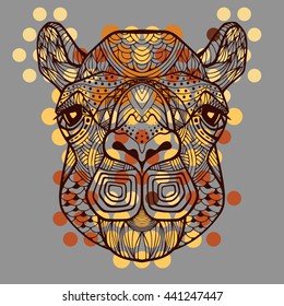 Camel. African tribal pattern. Head of a camel. Image technique big circles, dots, colorful mosaic. Patterned head wild animal brown yellow color with a black outline in zentangle style. Animal vector