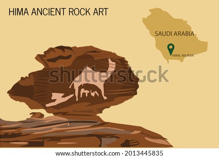 Camel Ancient Rock Art of Hima located in Najran, Saudi Arabia. Editable Clip Art.
