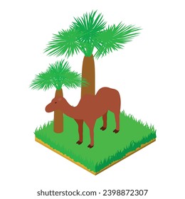 Camel animal icon isometric vector. Arabian camel standing in green grass icon. Fauna, zoo dweller