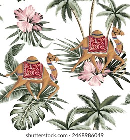 Camel animal, palms, hibiscus flower, tropical leaf seamless pattern. Asian wallpaper.	