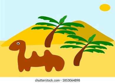 The camel animal stands in front of the date palm in the hot sand