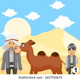 Camel with arabic people in desert with mountains. Caravan on desert meadow at sunset, panoramic and outside view on wild nature. Landscape and journey. part 1
