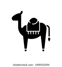 Camel black glyph icon. Big animal with two water bags used for long walks throught desert. Sand ship mamal. Traditional symbol. Silhouette symbol on white space. Vector isolated illustration