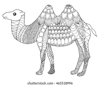 Camel. Black white hand drawn doodle animal. Ethnic patterned vector illustration. African, indian, totem, tribal, zentangle design. Sketch for coloring page, tattoo, poster, print, t-shirt