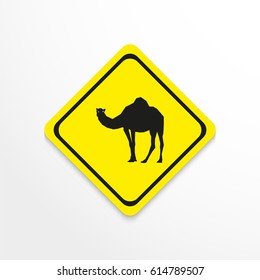 Camel. Black and white image in yellow sign on a light background. Vector icon.