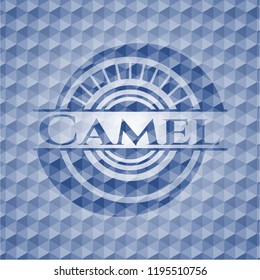 Camel blue badge with geometric pattern.