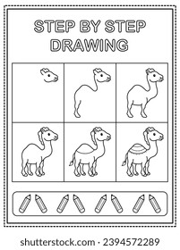 Camel. Book page, drawing step by step. Black and white vector coloring page.
