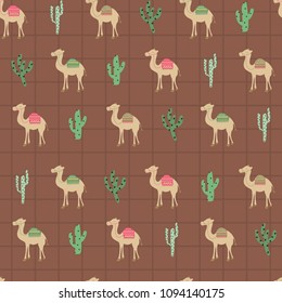 Camel, cactus in brown middle east pattern. A playful, modern, and flexible pattern for brand who has cute and fun style. Repeated pattern. Happy, bright, and magical mood.