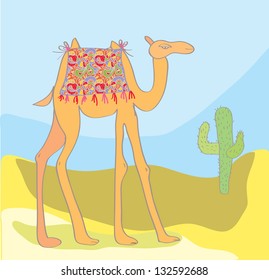 Camel with cactus in the desert cartoon