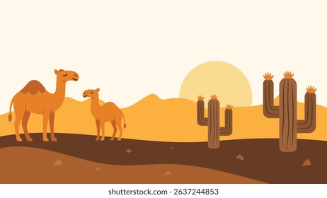Camel and Cactus Desert Landscape Flat.Vector Illustration
