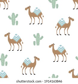 camel and cactus seamless pattern, cute animal and elements on white background, creative childish texture, vector Illustration