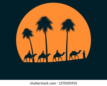 Camel caravan against sunset. Palm trees on the background of the sun. Vector illustration