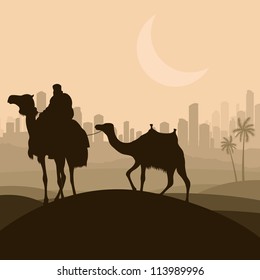 Camel caravan in arabic skyscraper city landscape illustration background vector