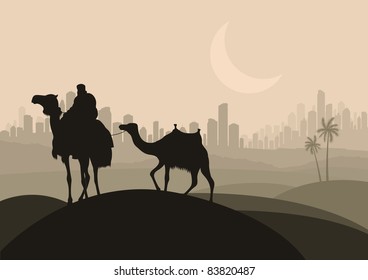 Camel caravan in arabic skyscraper city landscape illustration