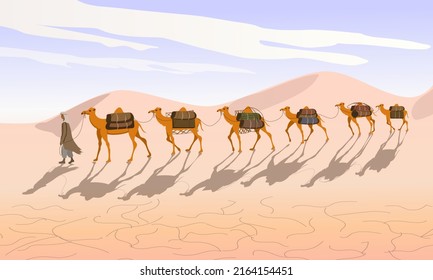 Camel caravan with a Bedouin goes through the desert. Camels in the desert.