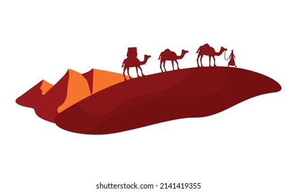 Camel caravan crossing desert 2D vector isolated illustration. Man with camels flat characters on cartoon background. Riding through Sahara colourful scene for mobile, website, presentation