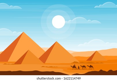 Camel Caravan Crossing Egypt Pyramid Desert Arabian Landscape Illustration