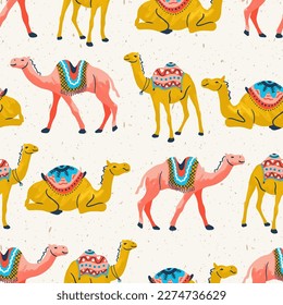 Camel Caravan Desert Animals Vector Seamless Pattern