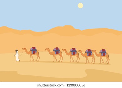 Camel Caravan At Desert, Funny Minimalistic Vector Cartoon Illustration