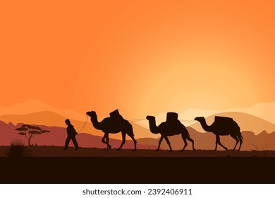 Camel caravan with desert landscape, sunrise. Vector illustration. 