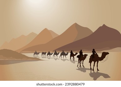 Camel caravan with desert landscape. Vector illustration. 